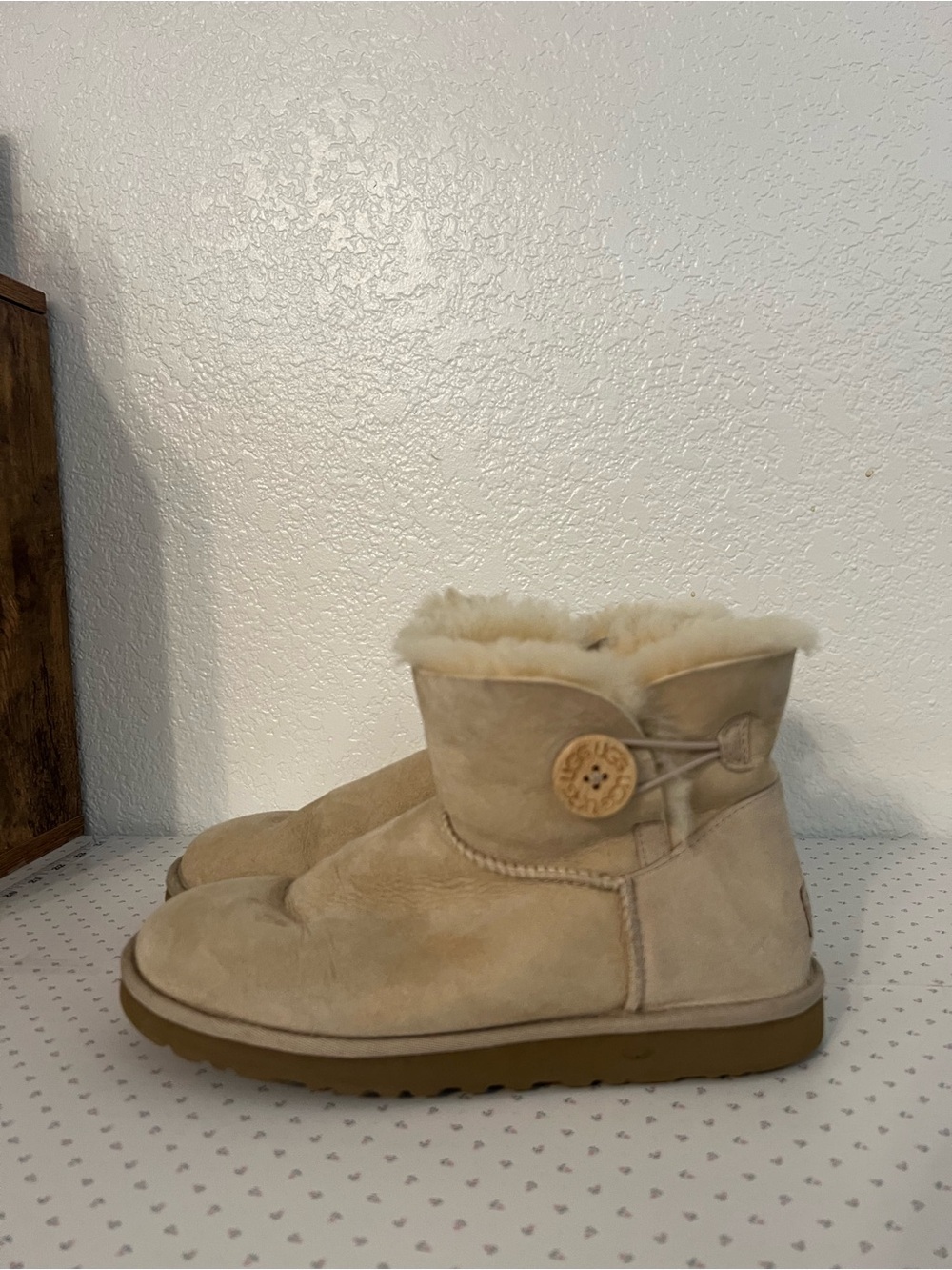 UGG Australia Mini Bailey Button Boots — Sand/Beige — Women’s US 9